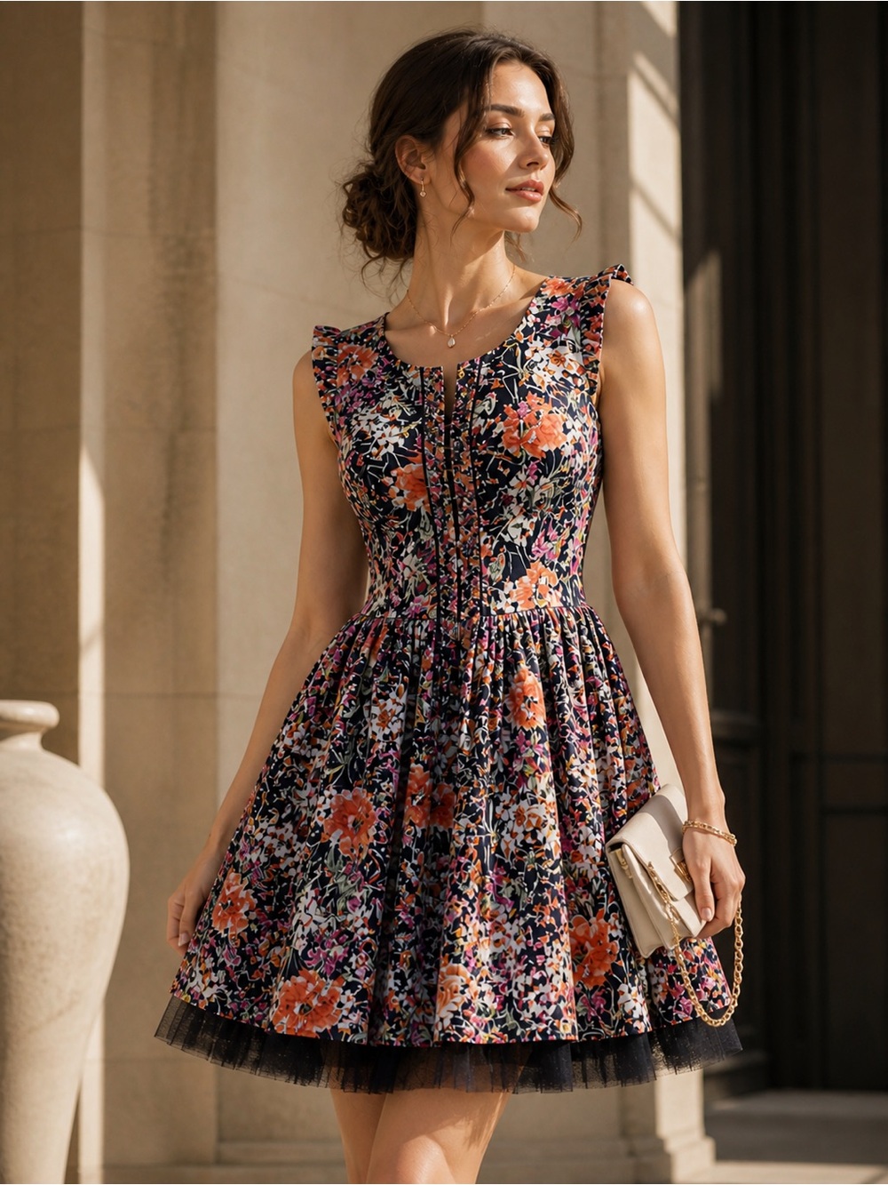 Floral Fit-and-Flare Navy Sleeveless Dress